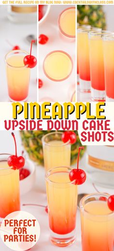 pineapple upside down cake shots with cherries on the rims and in glasses