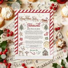 a christmas poem is on top of sheet music and decorated with holly wreaths, candy canes, santa's sleigh, and other holiday decorations