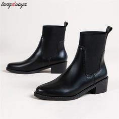 Brand Chelsea Boots for Women Classic Black Round Toe Business Ankle Boots Retro Style Women Leisure Heel Boots For Women, Mid Heel Boots, Casual Heels, Cow Boy, Sneaker Heels, Mid Heel, Belleza Natural, Heeled Ankle Boots, Short Boots