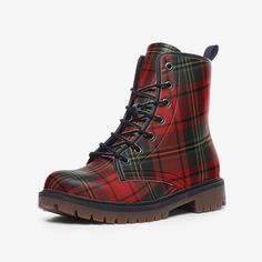 Red Scottish Clan Tartan Style Boots Vegan Leather Lace Up Combat boots Punk Goth Boots Rave Festival Faux Leather Shoes Grunge Plaid Red Rubber sole Faux Leather Padded collar for added comfort Lace-up front Wide Fit PROCESSING : -Your Boots are made to order, meaning we print them special just for you when your order is placed. Please allow 2 - 7 business days for us to print your Boots. -The average shipping time is 7 - 20 business days depending on the delivery destination. Gothic Faux Leather Martin Boots For Winter, Punk High-top Martin Boots In Faux Leather, Punk Style Faux Leather Mid-calf Winter Boots, Punk Style Faux Leather Mid-calf Boots For Winter, Winter Punk Style Faux Leather Mid-calf Boots, Winter Punk Style Mid-calf Faux Leather Boots, Red Ankle Martin Boots For Fall, Punk Style Lace-up Faux Leather Combat Boots, Punk Style High Heel Martin Boots In Faux Leather