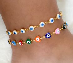 Evil eye anklet bracelet Beautiful and delicate anklets you can match with any outfit and wear everyday! MATERIAL AND SIZE 18k gold plated eye chain Enamel eyes Anklet length 23.5cm If you have questions about the product, feel free to reach me out. Don't forget to check out my other items in the store: Https://www.etsy.com/shop/nyahwithlove Delicate Anklets, Evil Eye Jewelry Bracelet, Colorful Evil Eye, Evil Eye Anklet, Jewelry Evil Eye, Bracelet Evil Eye, Bracelets Diy, Wedding Shoes Heels, Greek Jewelry