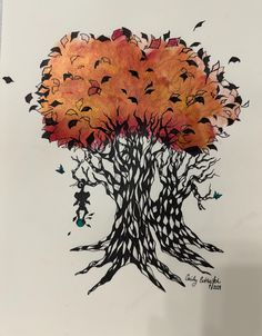 a drawing of a tree with lots of leaves and birds flying in the air above it