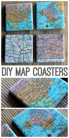 four different maps are shown with the words diy map coasters on them,