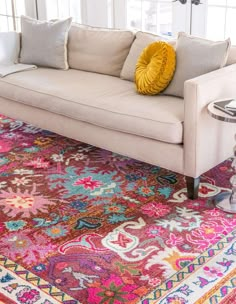 a living room area with a couch, rug and window sill in the background