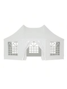 a white tent with windows and curtains on the side, isolated against a white background