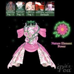 an animated image of a pink dress with flowers on it and the words nature element power