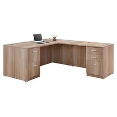 an office desk with two drawers and a laptop computer on top of it, in front of a white background