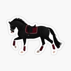 a black horse with a red saddle on it's back