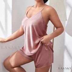 Lasaky - Fashionable and Sexy Two-Piece Set of Open Back Camisole Sleepwear, Simulated Silk for Home Use Plus Size Pyjamas, Silk Loungewear, Pijamas Women, Lotus Root, Sleepwear Sets, Silk Material, Pajama Set Women, Summer Tops, Haiti