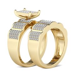 two gold wedding rings with diamonds on them