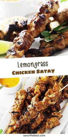 chicken satay on skewers with lemon wedges and garnishes