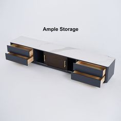 an empty storage unit with two drawers on each side and the words ample storage above it