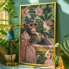 a monkey wearing sunglasses sitting on top of a table next to a potted plant