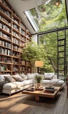 a living room filled with lots of furniture and bookshelves next to a window