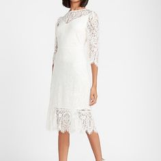 Nwt!! Beautiful Lace Ruffle Hem Dress Knee-length Scalloped Lace Midi Cocktail Dress, Elegant Midi Dress For Brunch, Chic Knee-length Midi Dress With Scalloped Lace, Elegant Midi Dress With Lace Trim For Brunch, Elegant Mid-length Dresses For Garden Party, Knee-length Midi Dress With Lace Trim For Cocktail, Knee-length Lace Trim Midi Dress For Cocktail, Elegant Lace Midi Dress For Brunch, Feminine Mid-length Cocktail Dress