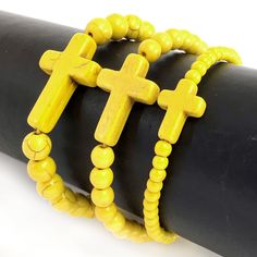 "✦Gemstone: Magnesite Turquoise, Howlite Turquoise ✦Color: Yellow Bead w Yellow Cross Pendant ✦Shape: Smooth Round Beads ✦Bead Size:   4mm Round Bead + 15x12mm Cross,   6mm Round Bead + 25x18mm Cross,   8mm Round Bead + 30x20mm Cross,   10mm Round Bead + 30x20mm Cross ✦Average Strand Weight: < 4oz ✦QTY: 1 pc / package ♕Beautiful & High Quality Bracelet♕  Our bracelet length 7.5\", fit with a 6.75\" wrist, it is our standard size. We offer to resize bracelet 5\"-8\" to fit your wrist! If you like the different bracelet lengths, please let us know your wrist size. We are happy to take care of it for you. You can see our Personalization Option. Thank you! MEASURE YOUR WRIST:    - Measure around at the wrist bone in tape or even a strip of paper.   - Choose a place where you would normally wea Halloween Bracelet, Christian Cross, Turquoise Howlite, Cross Bracelet, Bracelet Beaded, Personalized Bracelets, Color Calibration, Turquoise Color, Turquoise Beads