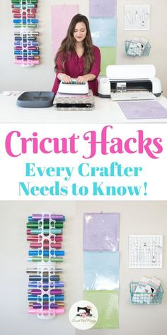 a woman sitting at a desk with cricut hacks on it