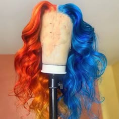 Half Blue And Orange Natural Wave Fashion Style Lace Front Wig – Prosp Hair Shop Style Lace Front Wig, Blue Lace Front Wig, Cute Wigs, Natural Waves Hair, Creative Hair Color, Lace Fronts, Creative Hair, Pretty Hair Color, Colored Wigs