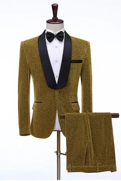 Edward Chic Curry Shawl Lapel Two Pieces Wedding Suits Gold Tuxedo Suit For Party, Gold Tailored Suits For Party, Tailored Gold Suit For Party, Gold Tailored Party Tuxedo, Gold Fitted Blazer With Suit Collar, Gold Tailored Suits With Notch Lapel, Tailored Gold Suits With Notch Lapel, Gold Notch Lapel Suits For Party, Gold Notch Lapel Suit For Party