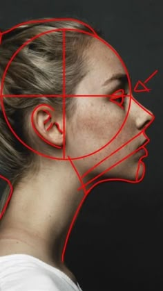 a woman's face is shown with red lines in the shape of a grid