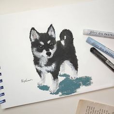 a drawing of a small dog is shown next to some crayons and markers