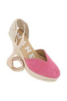 Espadrilles by Manebi with suede front upper with heart-shaped neckline and knotted ribbon at ankle. Woven rope covered wedge, leather interior, rubber sole. Composition: 100% leather Wedge Espadrilles, Leather Interior, Rubber Sole, Espadrilles, Wedges, Composition, Ribbon, Sandals, Band