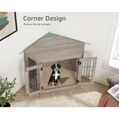 a dog is sitting in its kennel with the door open