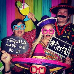 three people dressed up in costumes and holding signs that say tequila made me do it