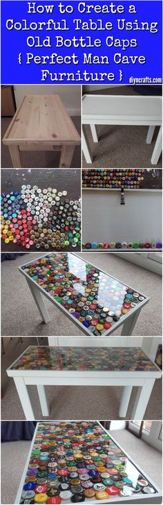 a table made out of soda cans with the words below it