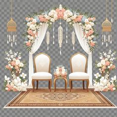 a wedding arch with two chairs and flowers on the floor, surrounded by hanging decorations