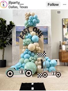 a car balloon tree in the middle of a living room