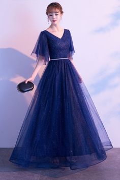 Blue Amazing Evening Dress A Line V Neck Matte Satin Floor Length Sequins Formal Party Dresses Formal Party Dresses, Fashion Illustration Dresses, Formal Party Dress, Evening Dresses Elegant, Matte Satin, Formal Party, Evening Dresses Long, Party Dresses, Evening Dress