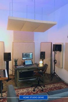 a home studio is set up with sound equipment