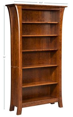 a wooden bookcase with measurements for the top shelf and bottom shelves on each side