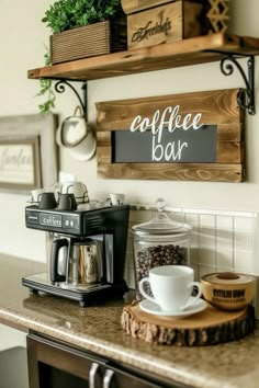 a coffee bar with two wooden shelves above it and a sign that says coffee bar on the wall