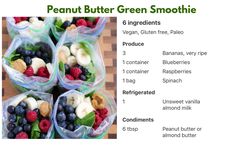 four plastic containers filled with different types of fruits and veggies, labeled peanut butter green smoothie