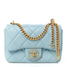 This is an authentic CHANEL Lambskin Enamel Quilted Mini Pending CC Square Flap in Light Blue. This chic crossbody flap bagis crafted of soft diamond-quilted lambskin leather in light blue. It features a goldchain-link shoulder strap. The crossover flap opens with a Chanel CC turn-lock to a matching light blue leather interior with a patch pocket. Bri Aesthetic, Flap Bag, Leather Interior, Lambskin Leather, Blue Leather, Crossover, Patch Pocket, Gold Chains, Shoulder Strap