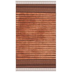 a brown and black striped rug with fringes on the bottom, in front of a white background