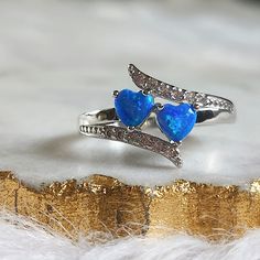 Ryze Lab-Created Blue Opal .925 Sterling Silver Double Heart Ring Main Stone: Lab-Created Blue Opal Accent Stone: White Frost Cz New With Tags! Size: 9 Msrp: $174 Romantic Wedding Rings, Double Heart Ring, Diamond Bling, Heart Shaped Diamond, Charm Rings, Double Heart, Sterling Silver Heart, Toe Rings, Black Crystals