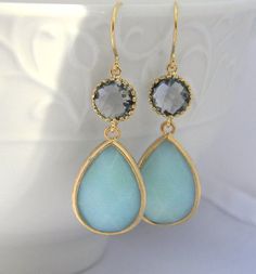 Turquosie and Gray Dangle Earrings Trimmed in Gold-Drop Earrings-Bridesmaid Gift- Wedding Earrings-S Turquoise Drop Earrings For Wedding, Turquoise Jewelry With Ear Wire For Wedding, Turquoise Wedding Jewelry With Ear Wire, Spring Wedding Jewelry, Mint Jewelry, True Autumn, Flower Girl Jewelry, All That Glitters Is Gold, Soft Autumn