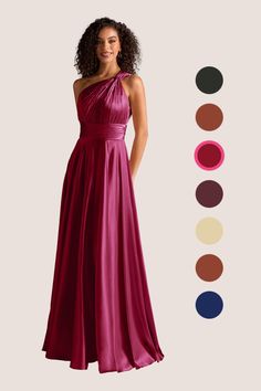 a woman in a long red dress standing next to an assortment of color swatches