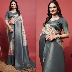 Grey colored saree is made from banarasi silk fabric which is highlighted with beautiful digital printed with weaving work as shown. comes along unstitched banarasi silk blouse piece which you can customise as per your design/style. Occasion - You can wear this saree for party, festivals, functions and ideal for any fashionista. Note:- the actual product may differ slightly in color and design from the one illustrated in the images when compared with computer or mobile screen. Measurements: Sare Traditional Saree With Digital Print For Eid, Traditional Saree For Eid With Digital Print, Digital Print Saree For Wedding And Eid, Wedding Saree With Digital Print For Eid, Eid Wedding Saree With Digital Print, Wedding Saree With Digital Print And Traditional Drape, Wedding Saree With Digital Print, Diwali Wedding Digital Print Unstitched Blouse, Digital Print Saree For Wedding And Festivals