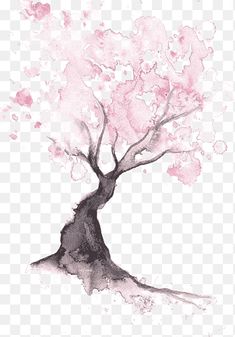 a tree with pink flowers on it, painted in watercolors and black ink