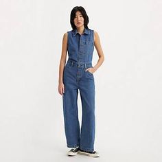 Sleeveless Jumpsuit - Medium Wash | Levi's® US Utility Style Sleeveless Jumpsuits And Rompers With Pockets, Sleeveless Cotton Utility Jumpsuits And Rompers, Sleeveless Relaxed Fit Shortalls With Pockets, Sleeveless Utility Overalls For Spring, Sleeveless Cotton Jumpsuit With Buttons, Casual Sleeveless Shortalls With Pockets, Spring Sleeveless Utility Overalls, Casual Sleeveless Jumpsuits With Side Pockets, Sleeveless Cotton Denim Jumpsuit With Pockets