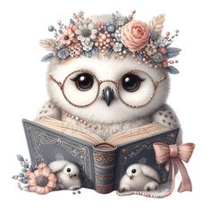 an owl wearing glasses is reading a book with flowers on its head and two small birds sitting next to it