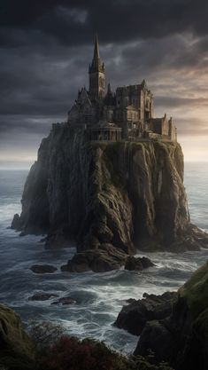 an old castle sitting on top of a cliff next to the ocean under a cloudy sky