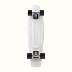 a white skateboard with black wheels on a white background