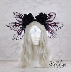 A real must-have statement crown for all fairies! A beautiful Gothic black Halloween fairy headdress. The wings are lightweight and far more durable than their glassy appearance might suggest! They are backed with wire, which is what gives them their gorgeous curve. They are flexible to touch, and may be very slightly adjusted to give a deeper/more shallow curve. The headdress is decorated with black roses and multi burgundy blossoms. Sparkling Swarovski beads hang over the forehead from a bronz Witchy Black Headpiece For Fantasy Events, Fantasy Headpieces For Halloween Costume, Fantasy Halloween Costume Headpiece, Black Headpieces For Halloween Fantasy Events, Black Whimsical Headpiece For Festival, Black Fantasy Costume Hats And Headpieces For Festival, Black Whimsical Festival Headpiece, Whimsical Black Festival Headpiece, Bohemian Headpieces For Halloween Cosplay