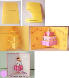 four different images of greeting cards with the words congratulations written on them and an image of a birthday cake