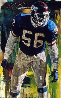 a painting of a football player with his hands in his pockets and the number 55 on his uniform